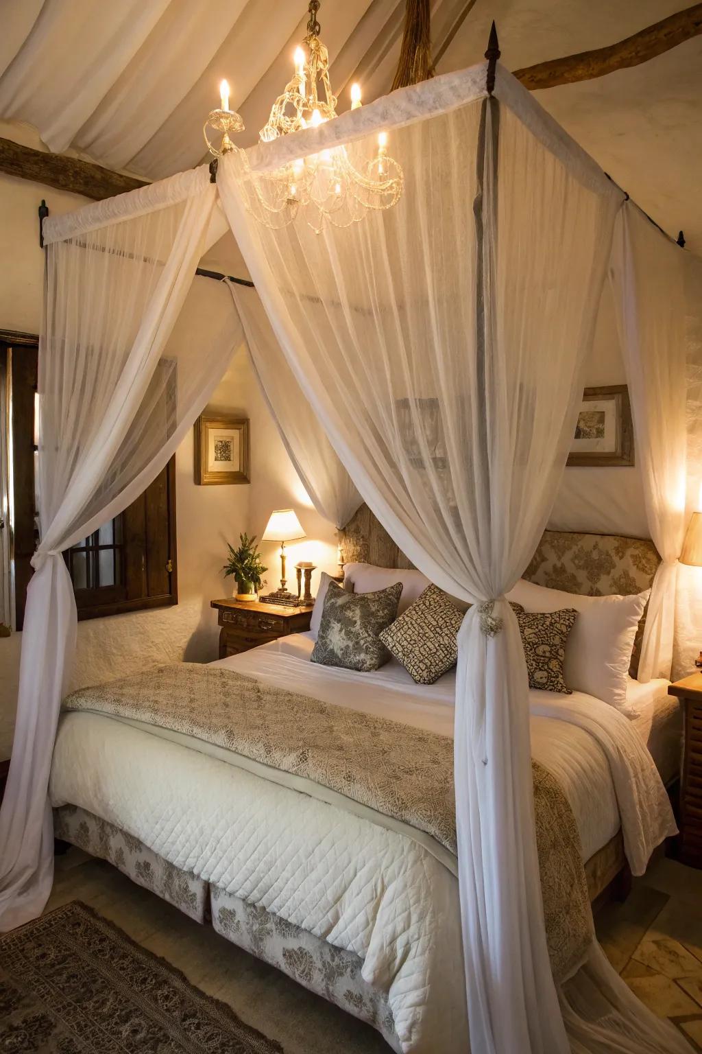 An elegant and private bedroom retreat is created with a canopy.