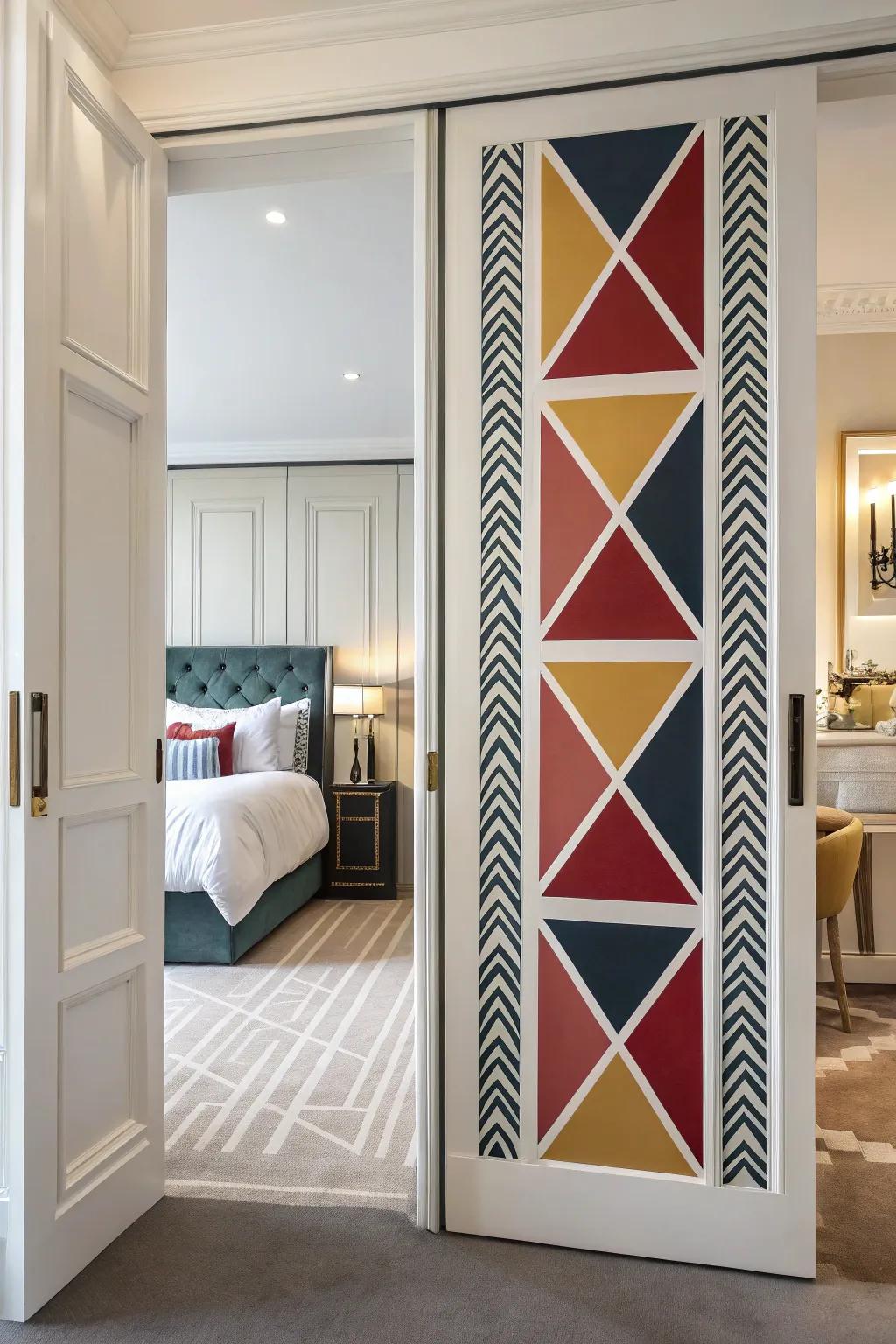 Symmetrical forms contribute a contemporary and energetic accent to your bedroom door.