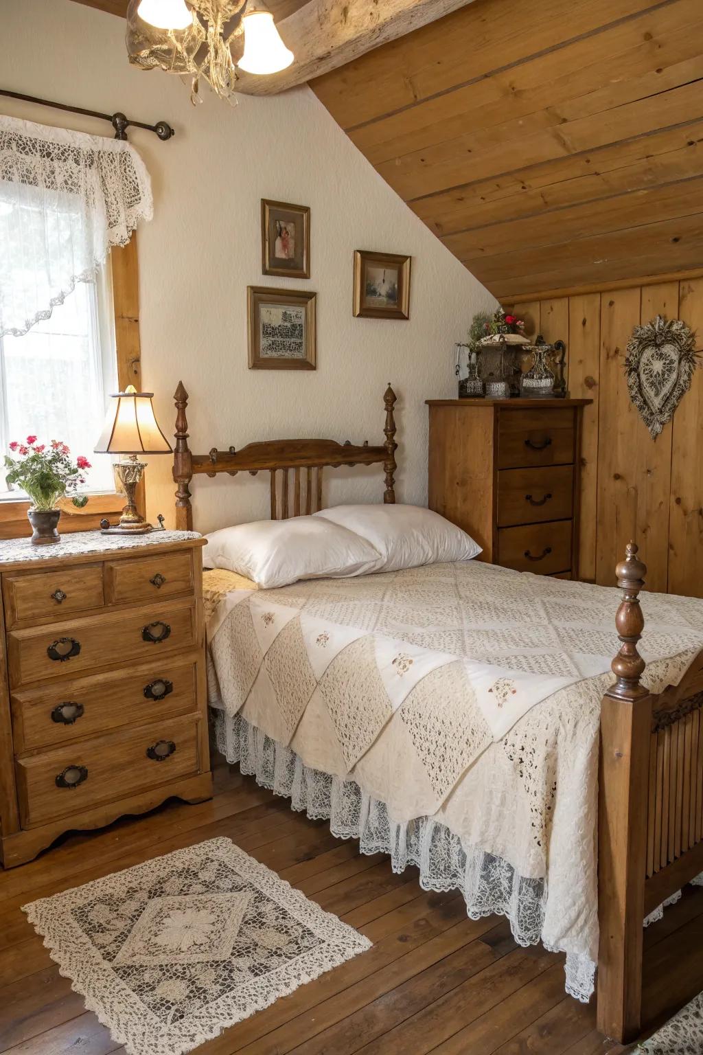 Farmhouse wooden furniture adds warmth and vintage appeal to this cozy bedroom.