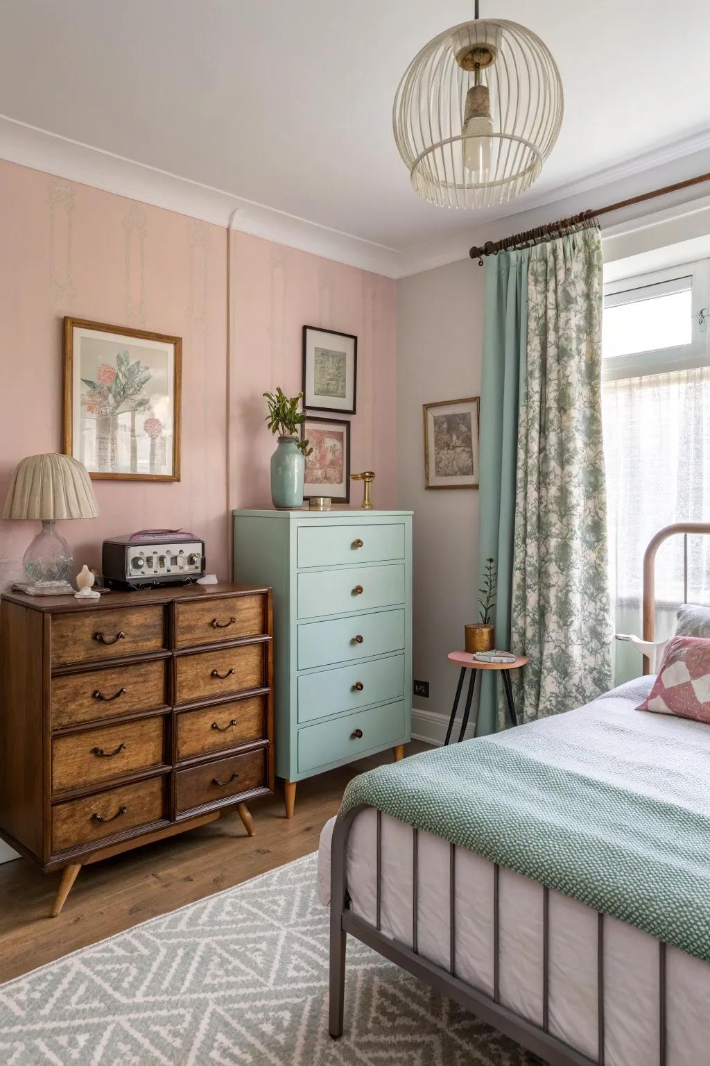 Vintage items add personality and contrast to the modern design.