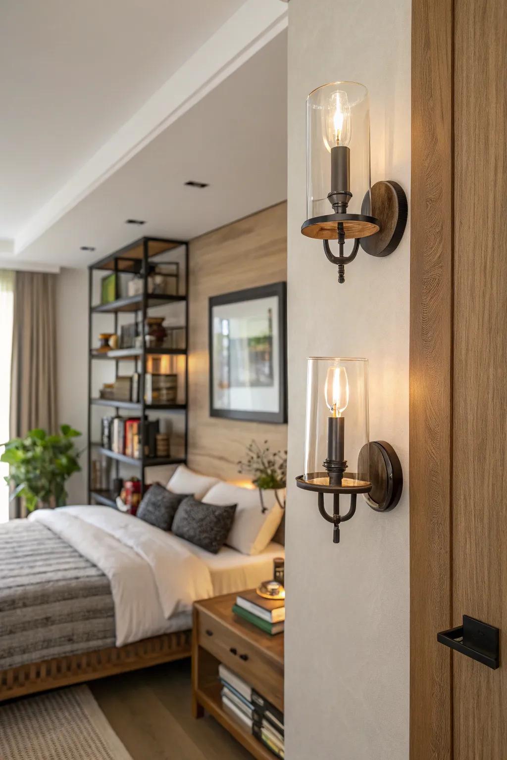 Mixed textures create a vibrant look in bedroom illumination.
