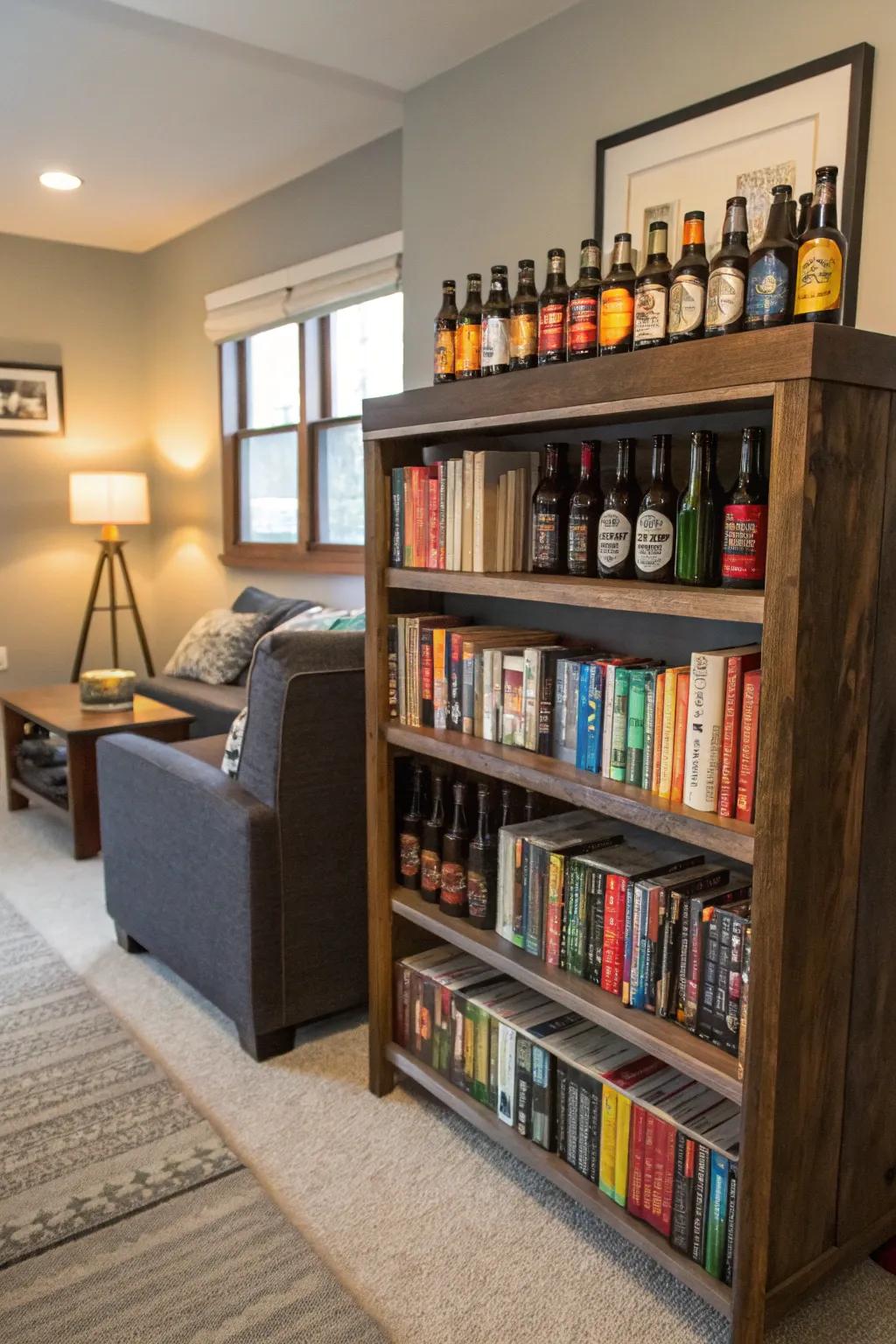 A re-purposed bookshelf in the lounge exhibiting brew bottles.