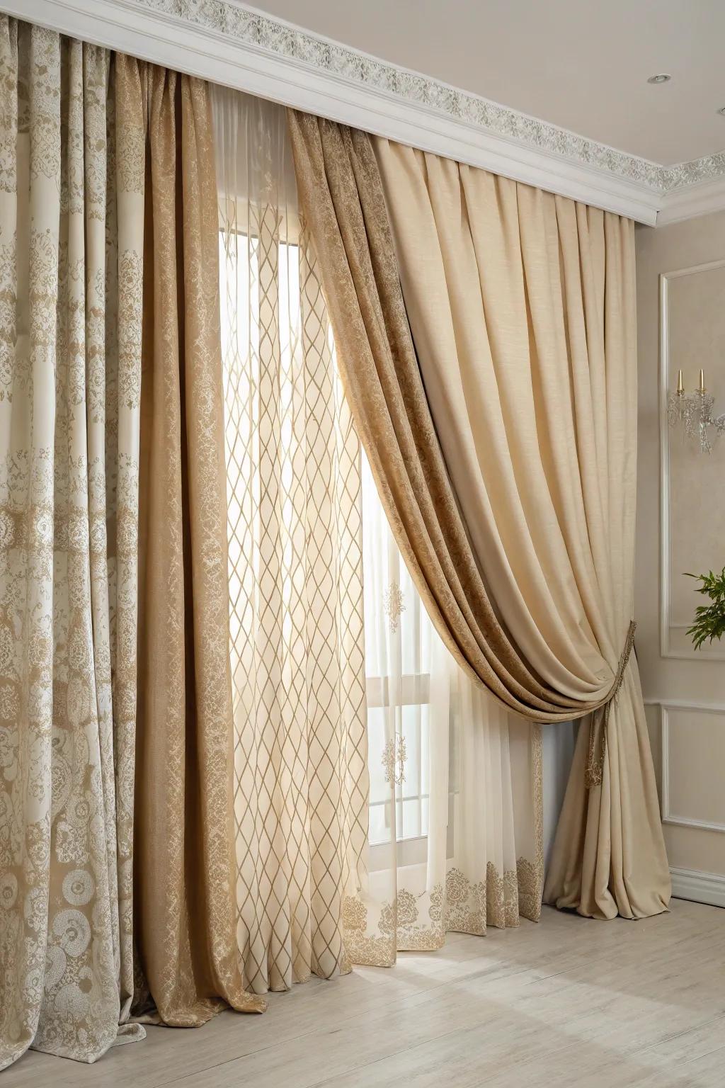 Superimposed draperies in beige gradients enhance elegance and privacy.