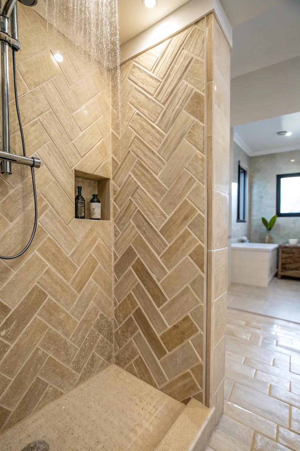 Herringbone pattern infuses dynamic elegance into your shower.