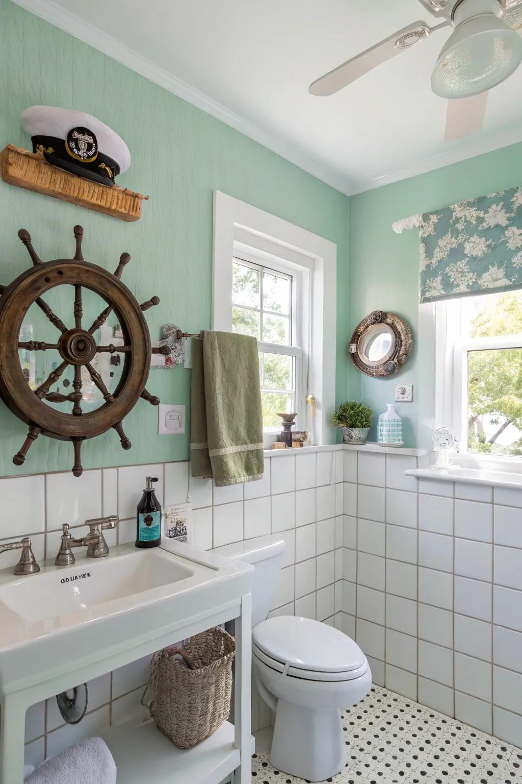 A seaside-inspired bathroom with calming seafoam green walls.