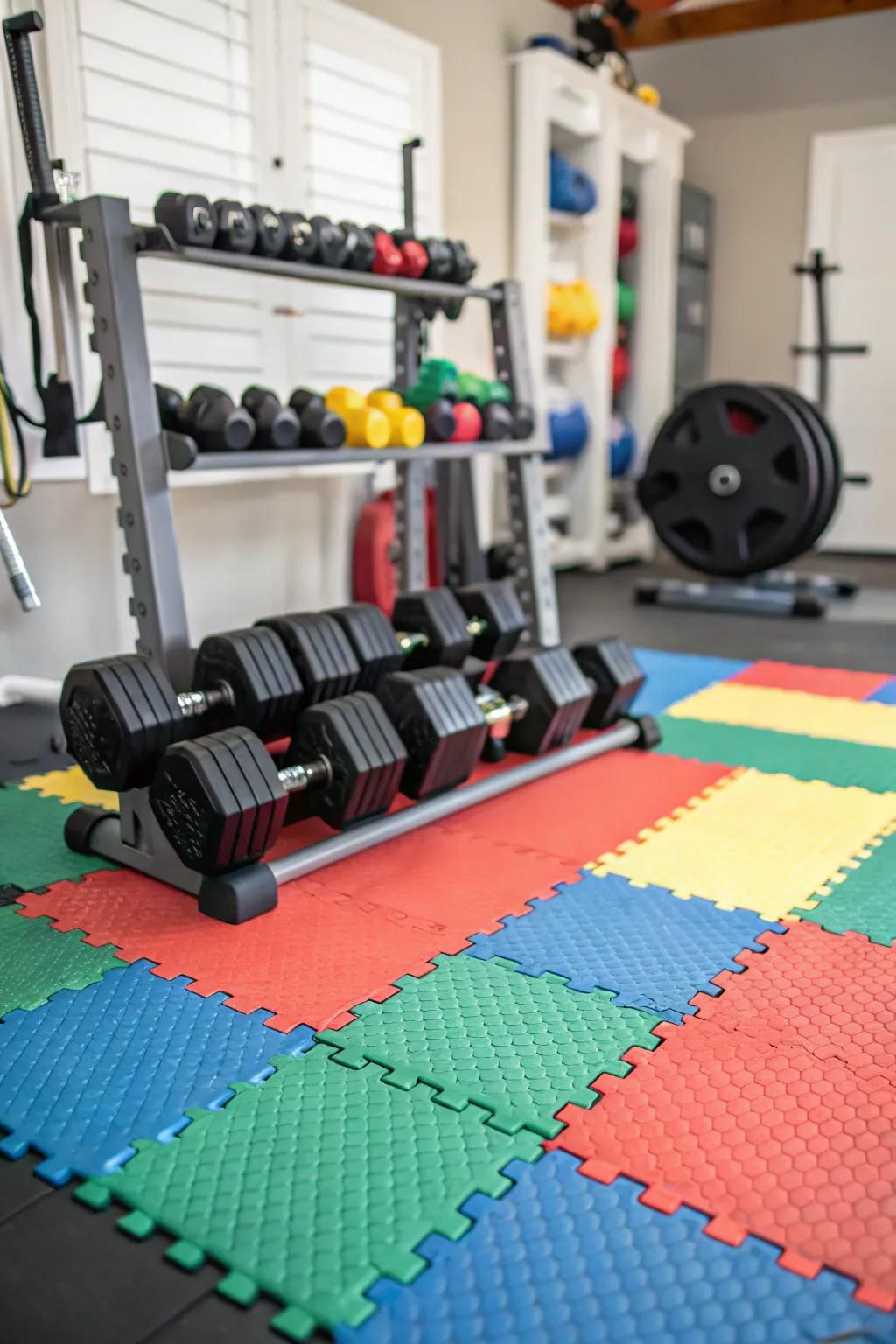 Interlocking rubber tiles deliver steadiness and easy installation.