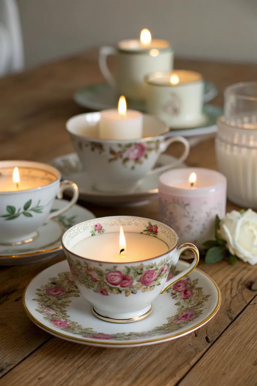 Establishing ambiance through teacup candles.