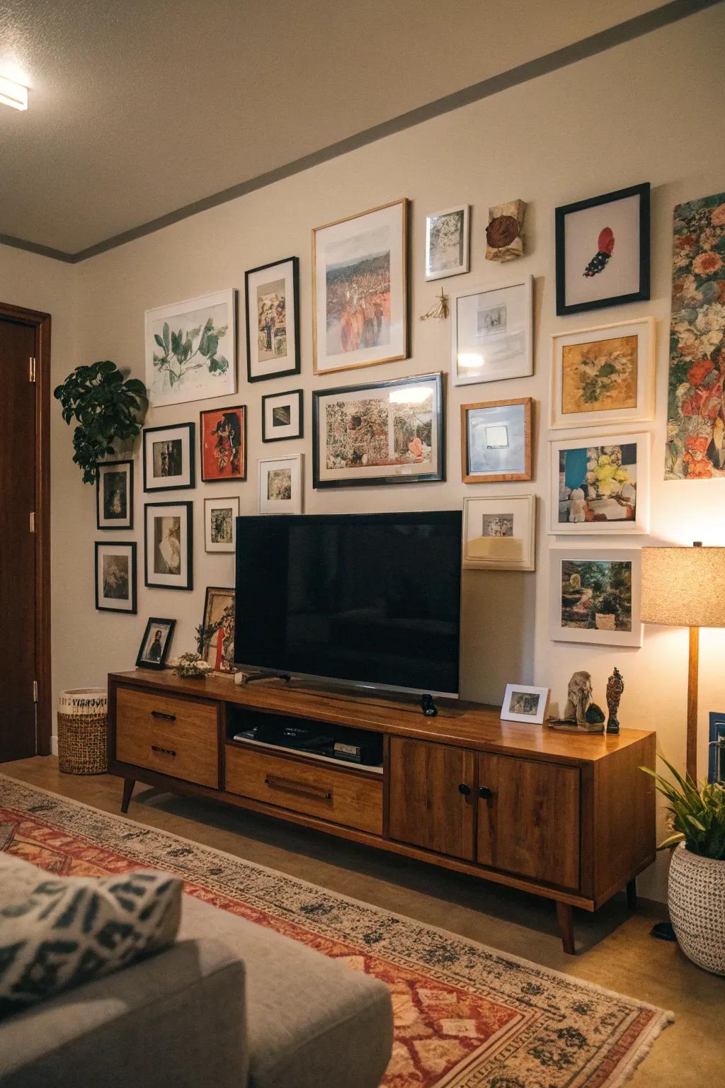 The television is incorporated into the decor by a gallery wall.