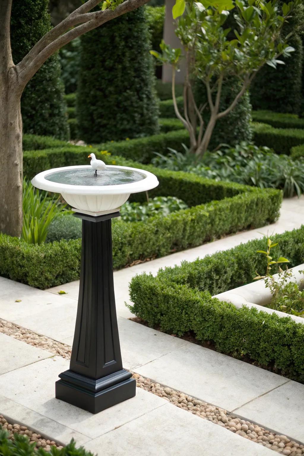 A sleek black and white bird spa providing a modern touch to a vibrant garden.