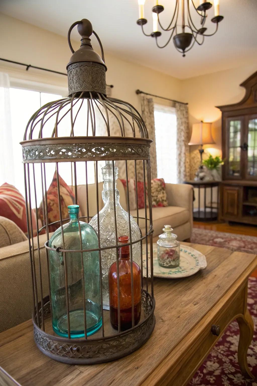 A bird cage presenting a gorgeous vintage collection.