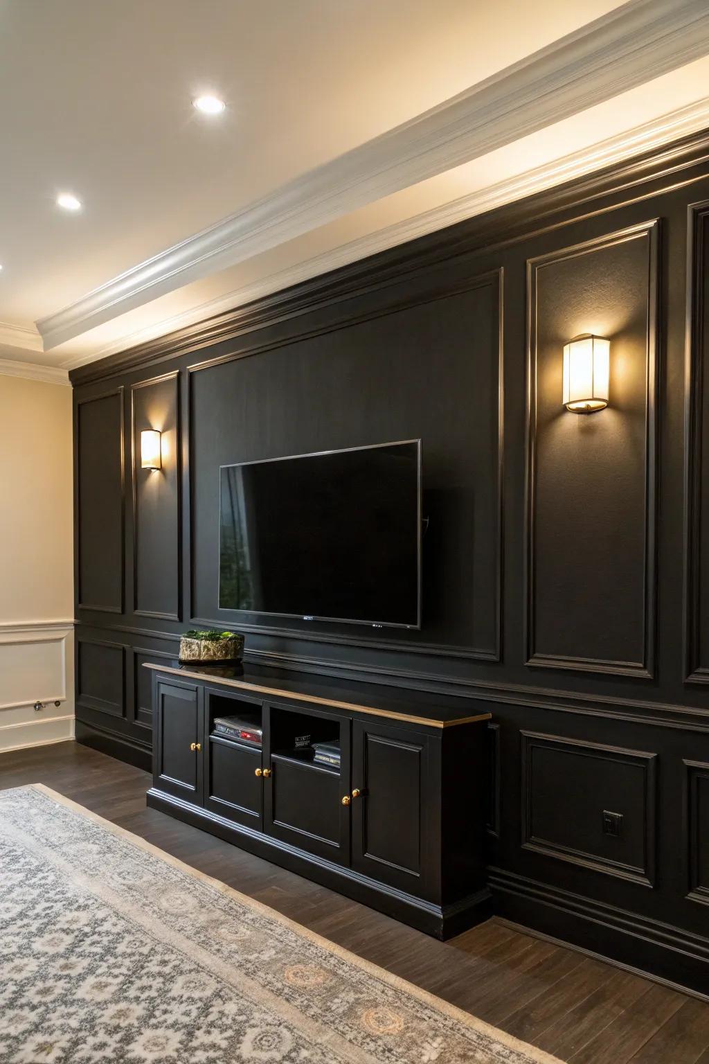 Highlighting architectural characteristics achieves a cohesive look with a black accent wall.