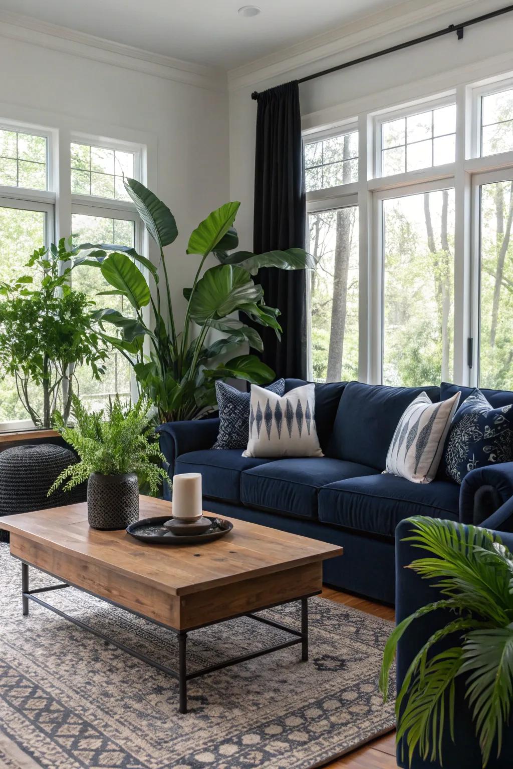 Foliage introduces freshness and equilibrium to darker hues.