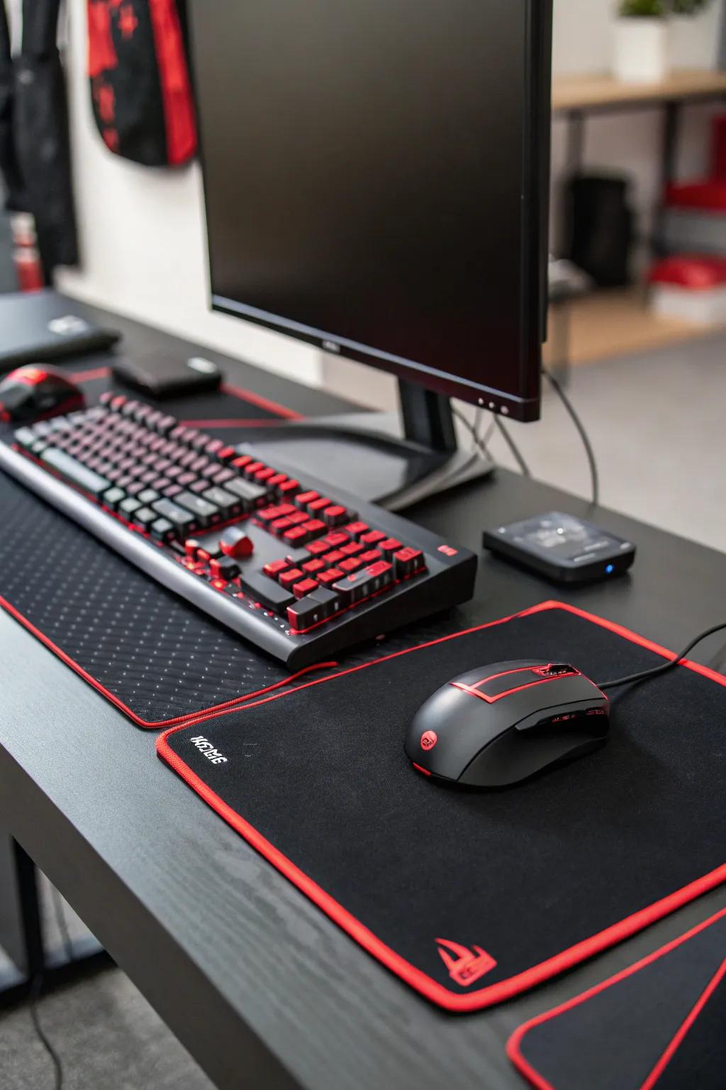 A black gaming desk with crimson details serves as the visual anchor of the setup.