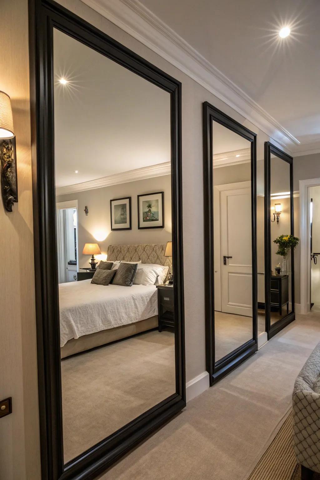 Mirrors with dark frames enhance depth and light.