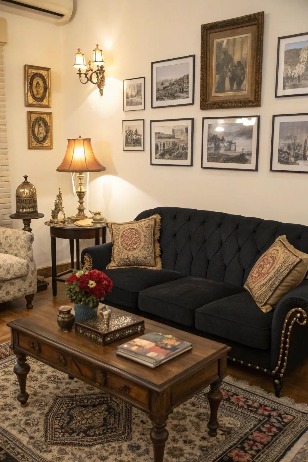 Vintage vibes meet a modern dark sofa.