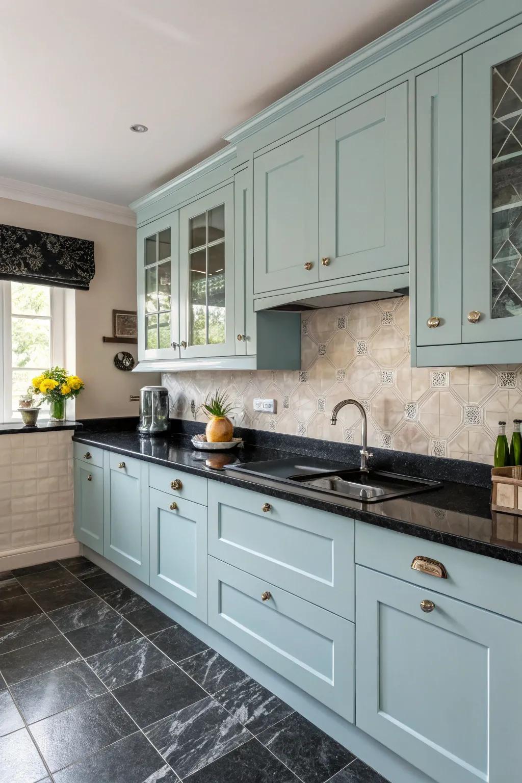 Pastel hues delivering a soothing influence against dark countertops.
