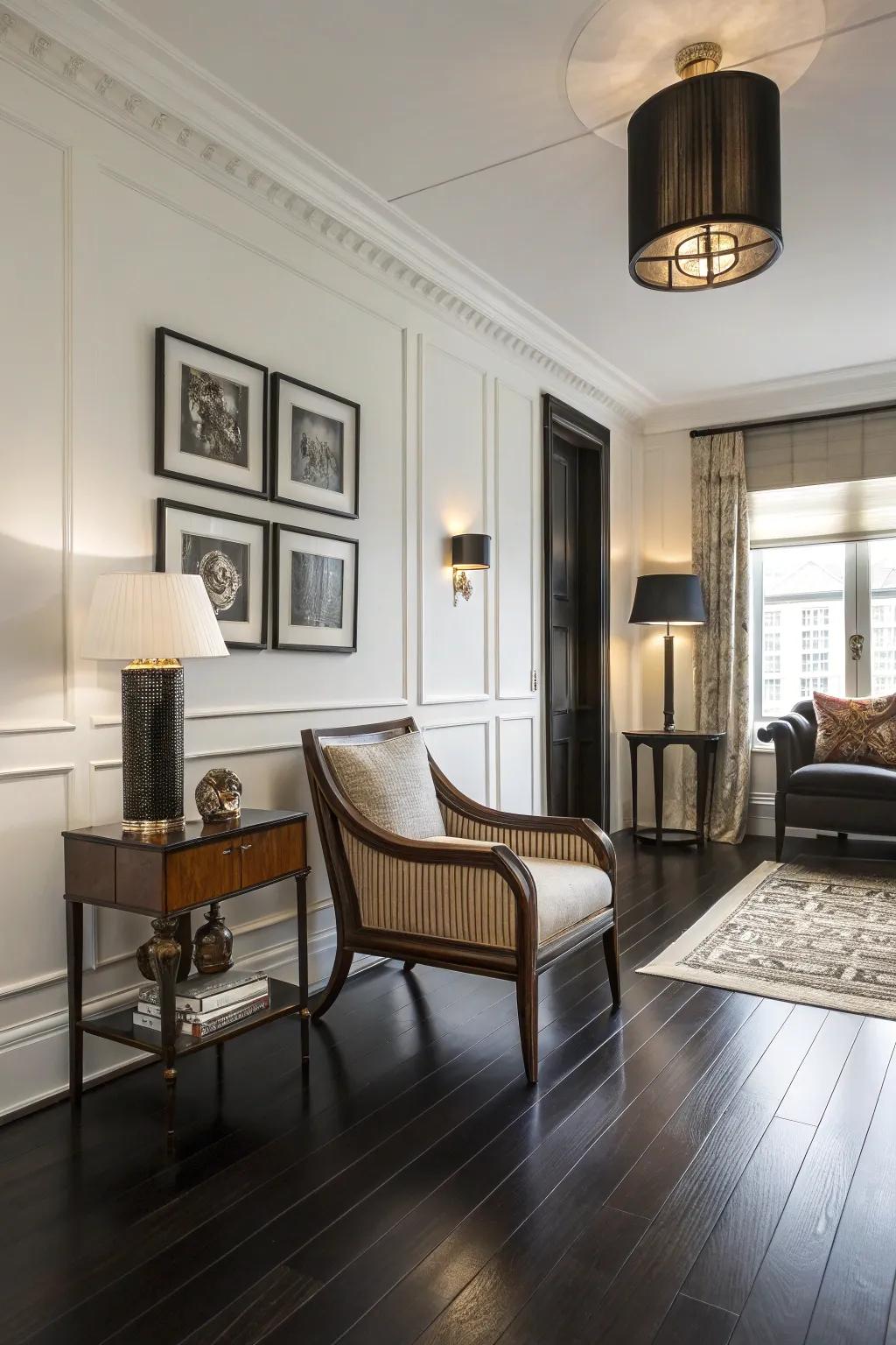 Classic and modern fusion with dark floors.