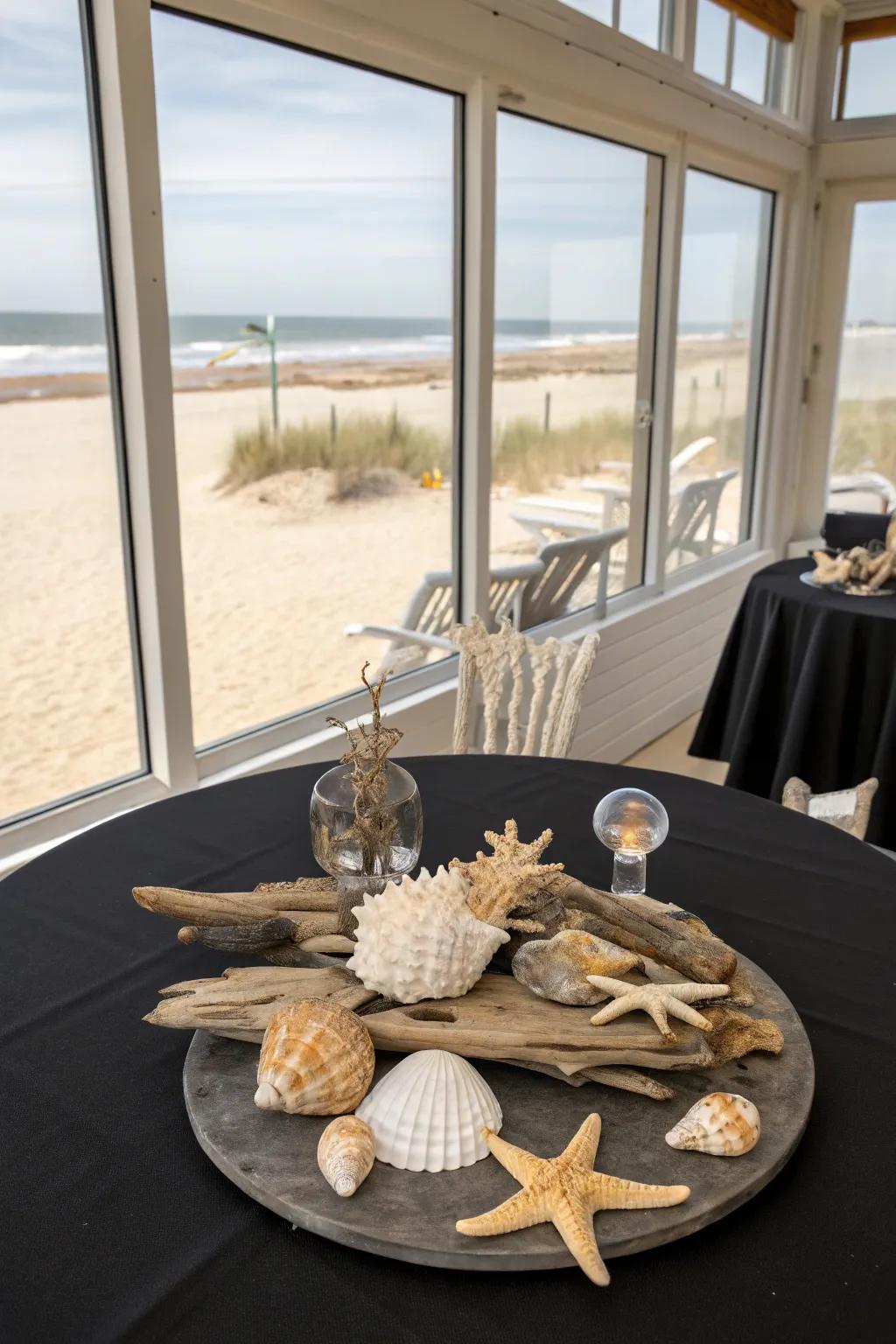 Seaside elegance featuring black and organic components.
