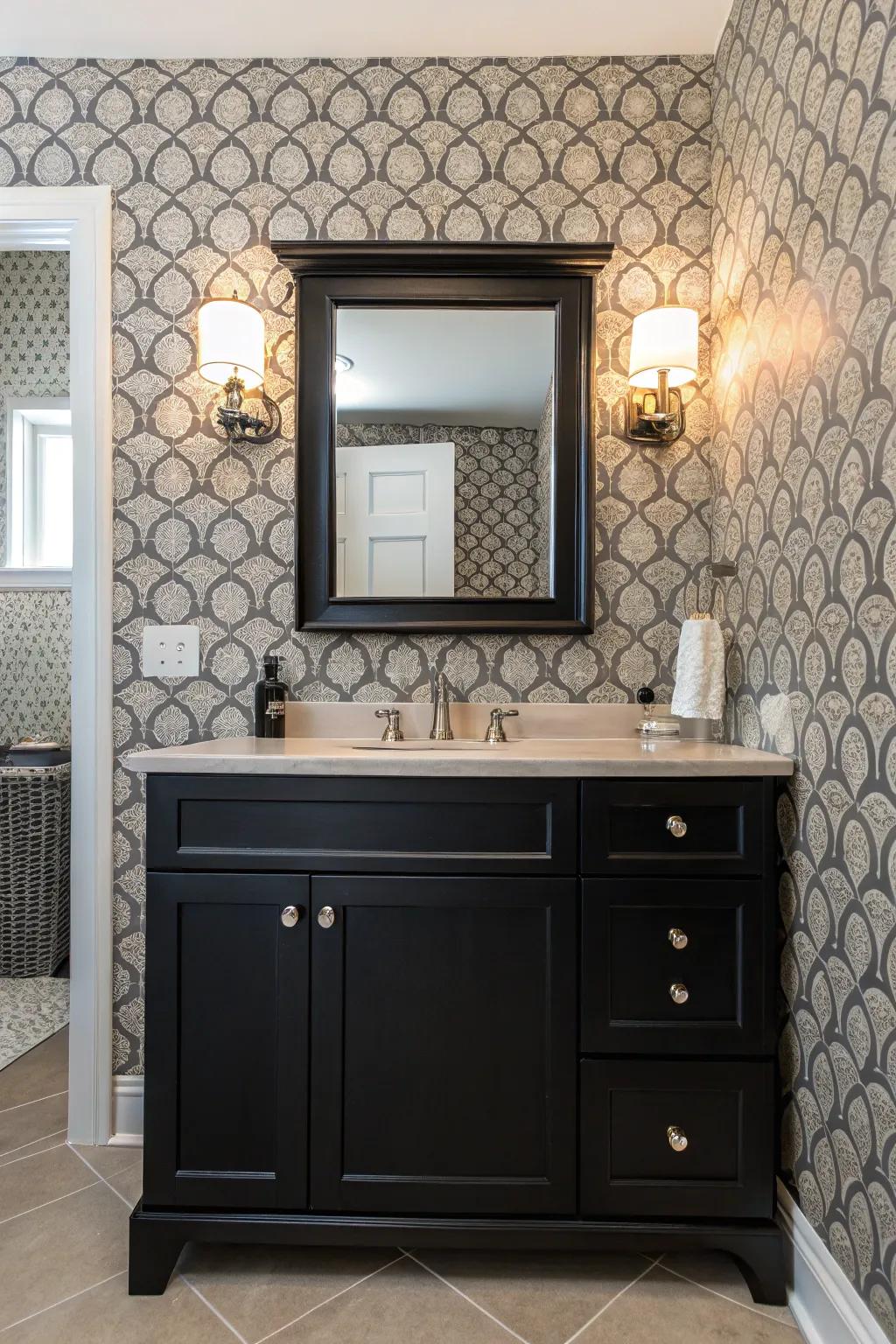Patterned wall coverings bring a playful and personalized accent to a dark-toned vanity bathroom.