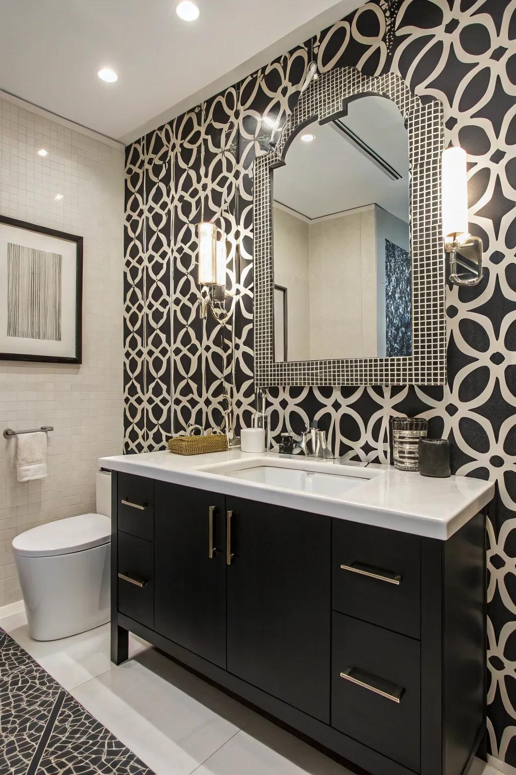 Decorative wall coverings introduce a vintage charm to this bathroom.