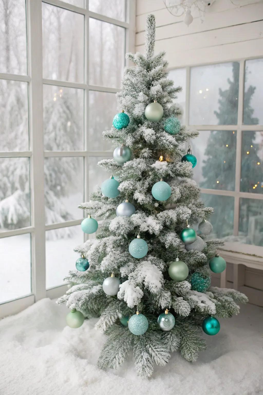 A tree in powder blue and mint, evoking the delightful beauty of a snow-kissed winter.