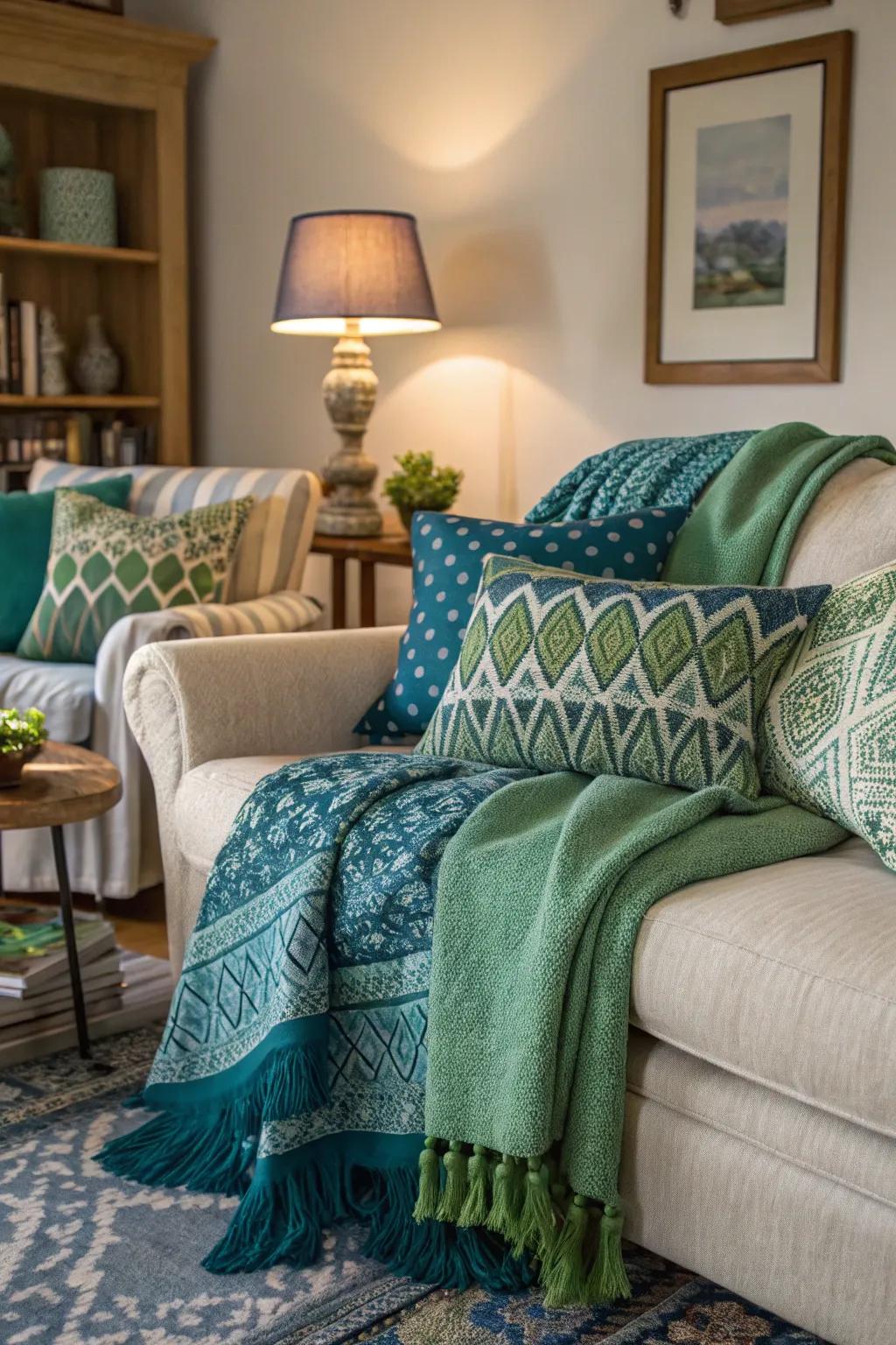 Textiles featuring mixed patterns introduce dimension and intrigue.