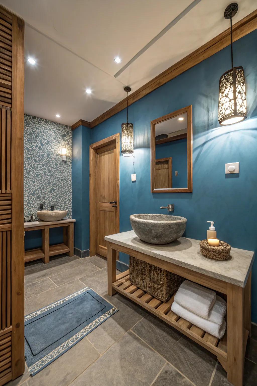 A spa-like bathroom with soothing blue hues and organic textures.
