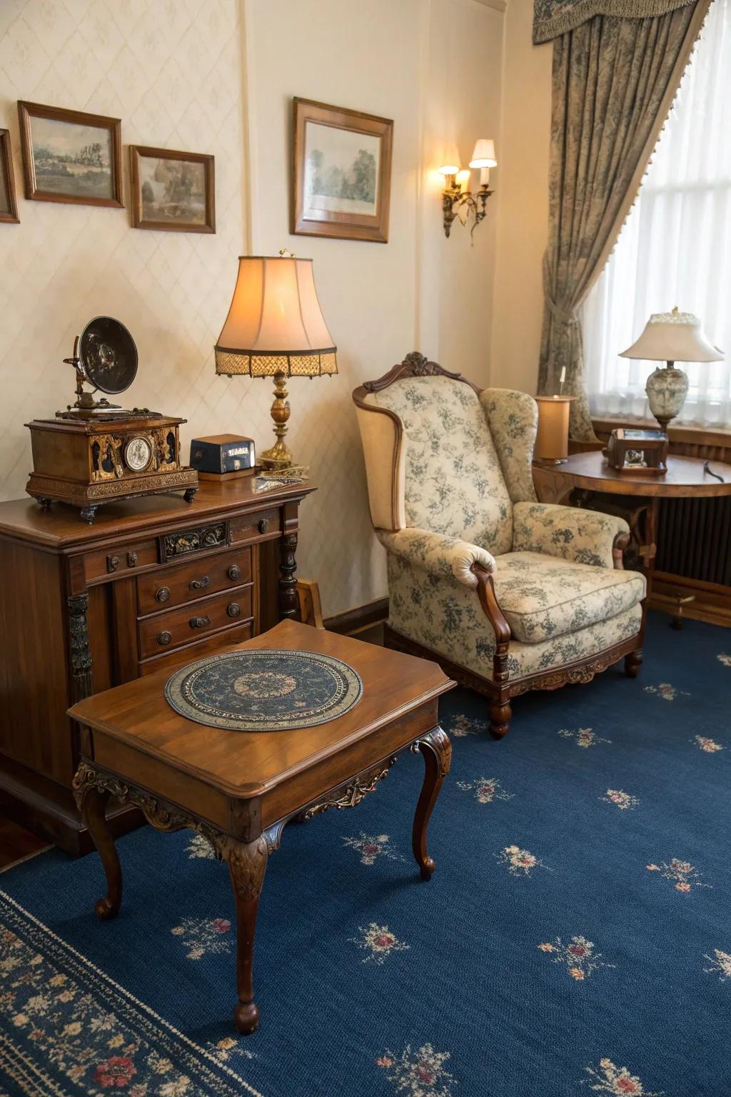 Vintage furnishings and blue carpet unite for a nostalgic, ageless aesthetic.