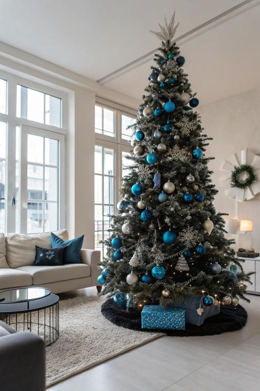A contemporary chic azure and ebony Christmas tree.