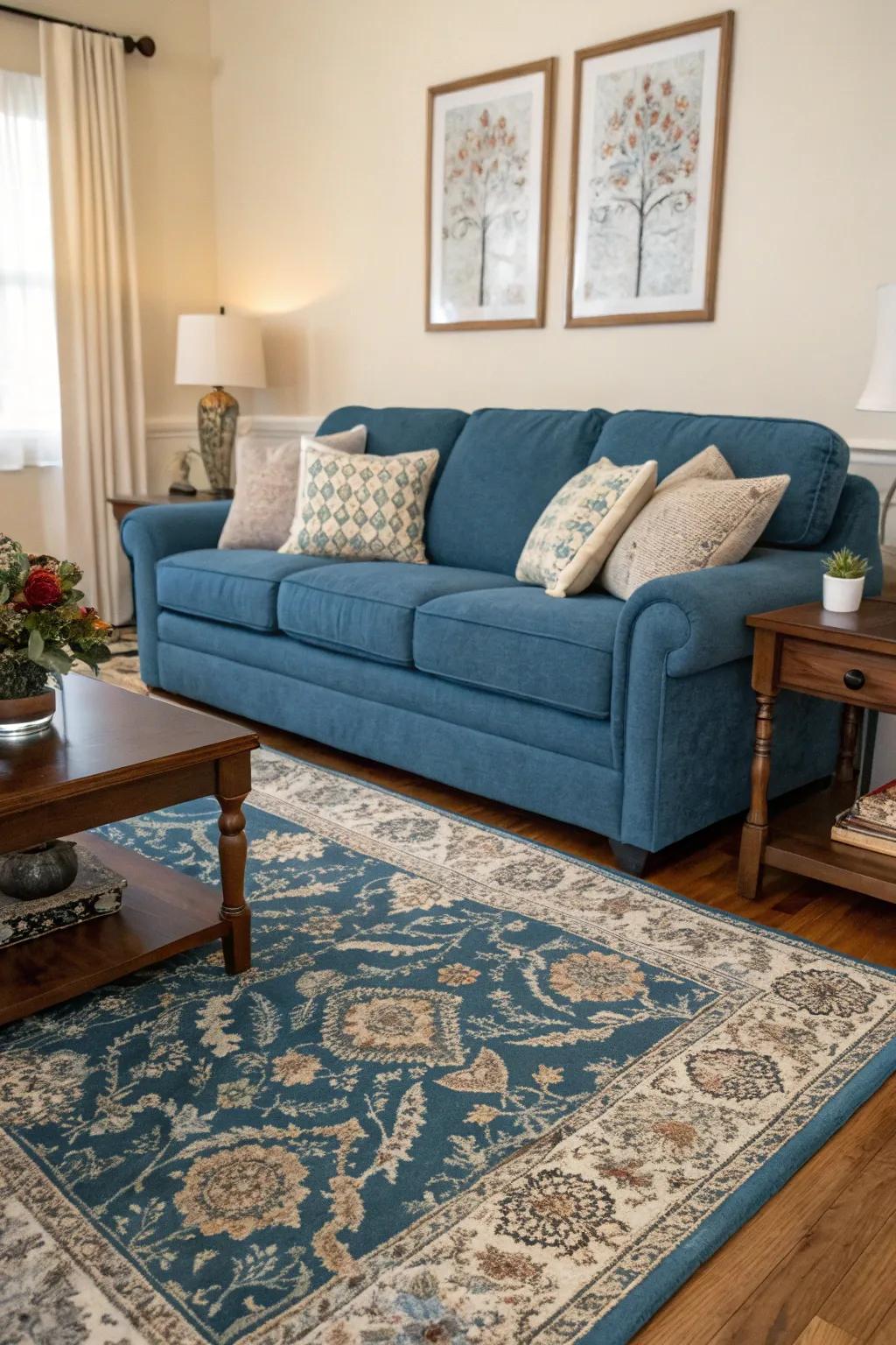 A coordinating rug adds warmth and cohesion to a sapphire sofa setting.
