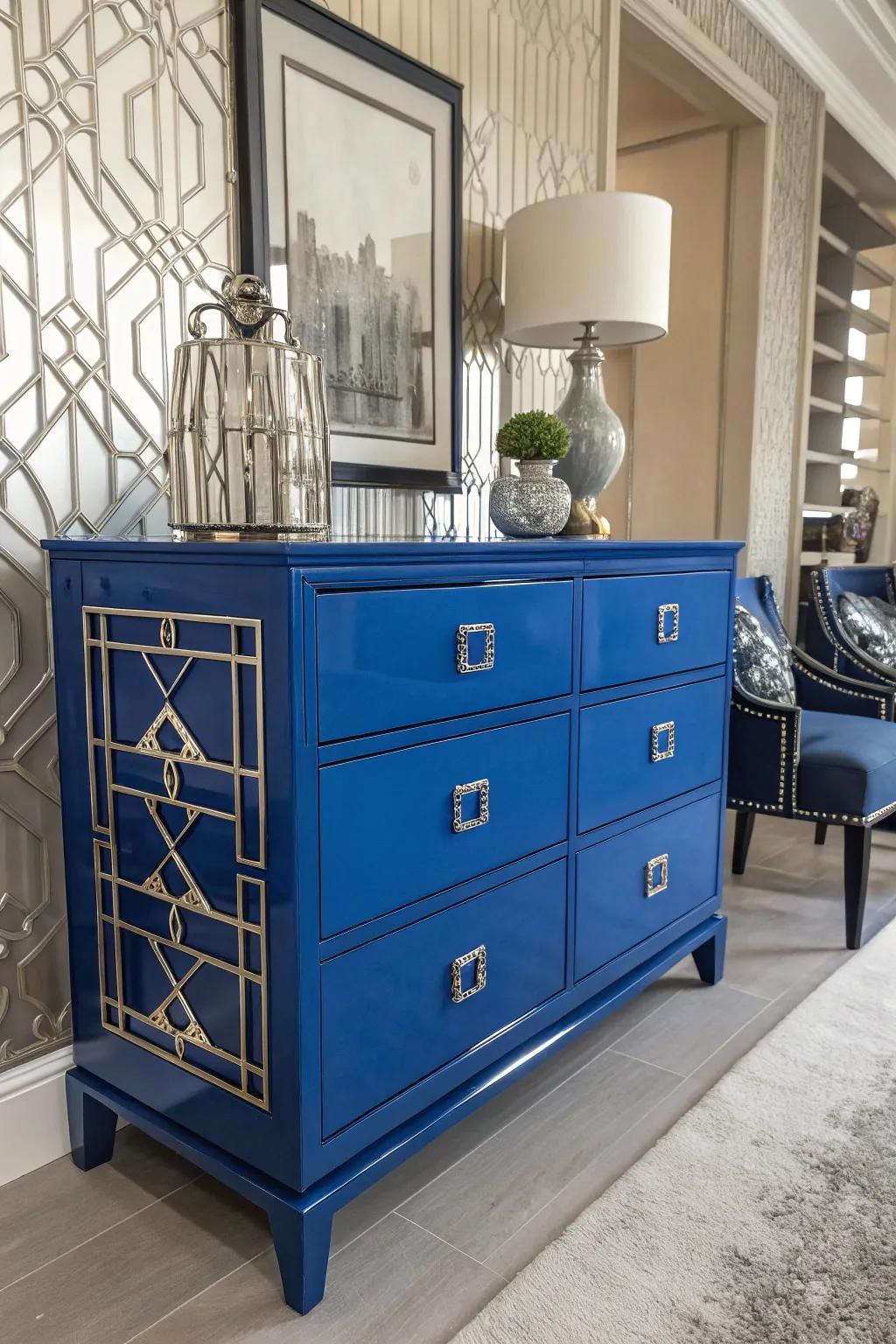 A glossy cobalt blue dresser with Art Deco influences.