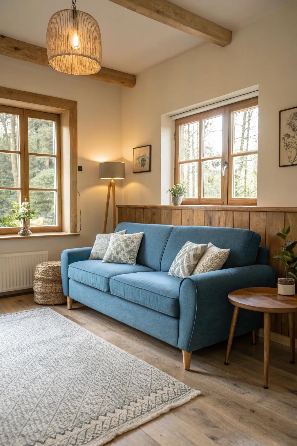 Light wood accents complement a sapphire loveseat beautifully.