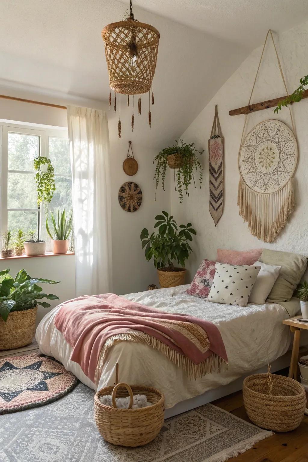 Suspended decor introduces vertical interest to bohemian bedrooms.