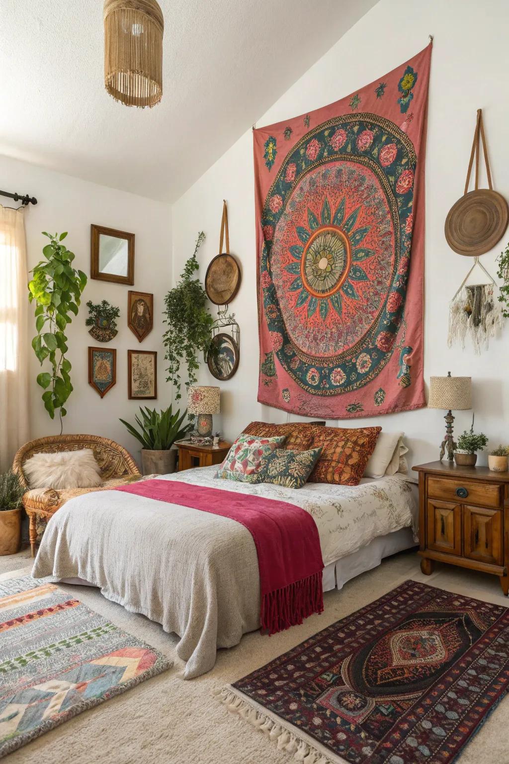 A bold tapestry sparks interest in this boho bedroom.