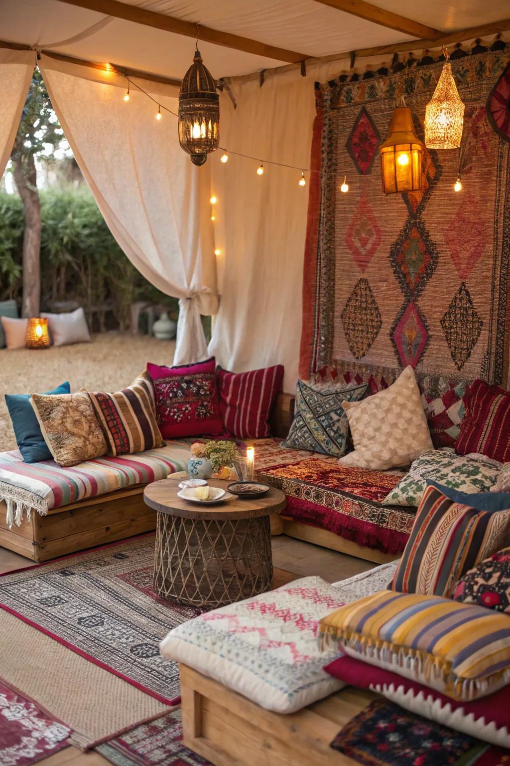 Various textiles and colorful cushions create a cozy boho seating area.