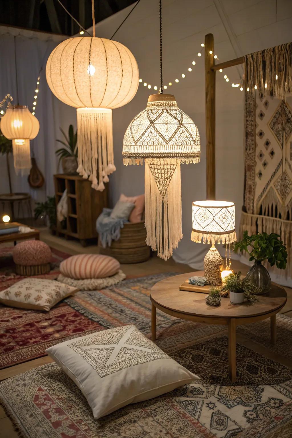Layered lighting creates a cozy and inviting free-spirited glamorous atmosphere.