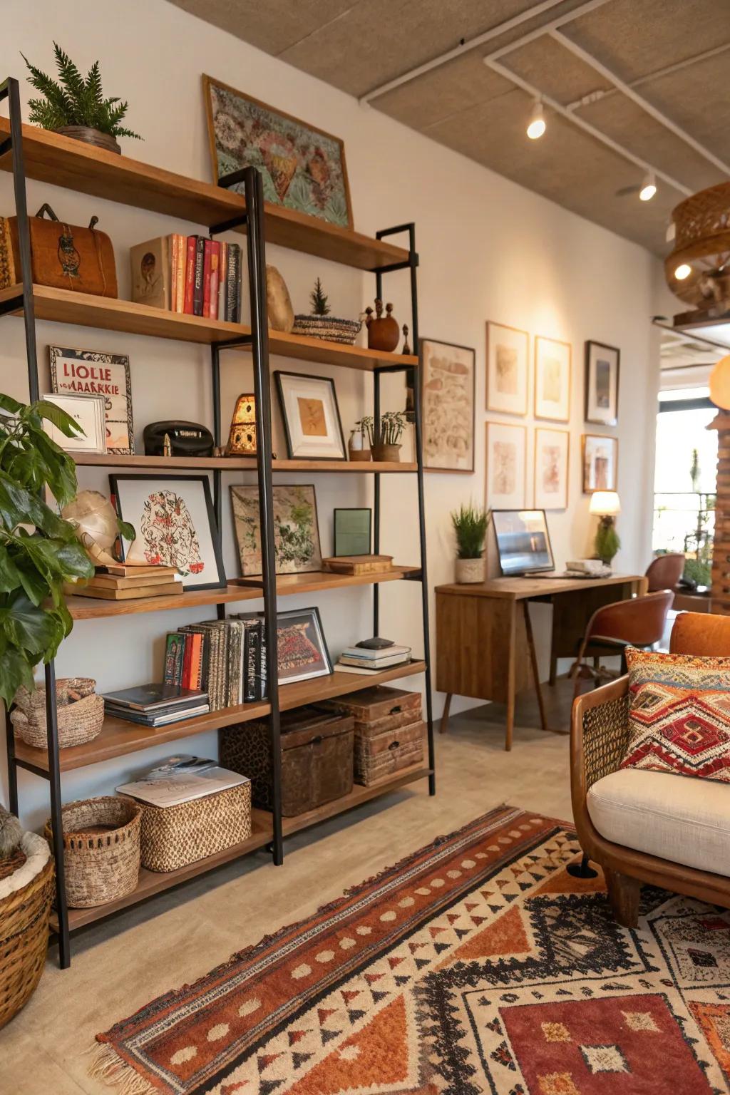 Creative shelving combines books and art for a dynamic display.