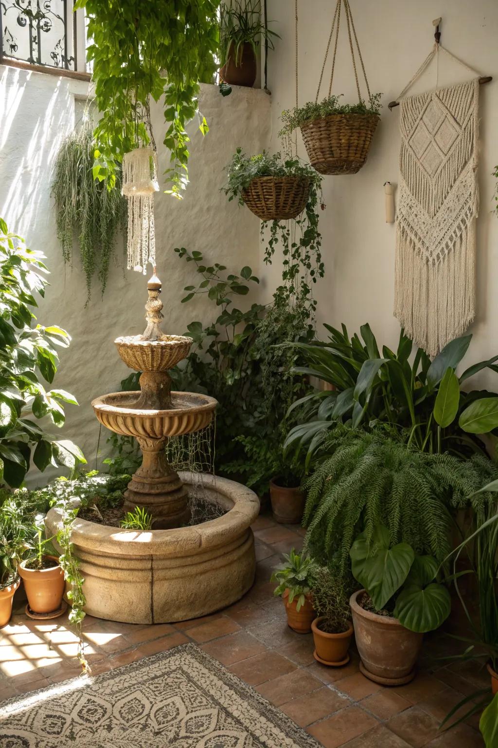 A hydrological feature enhances tranquility in the bohemian plant area.
