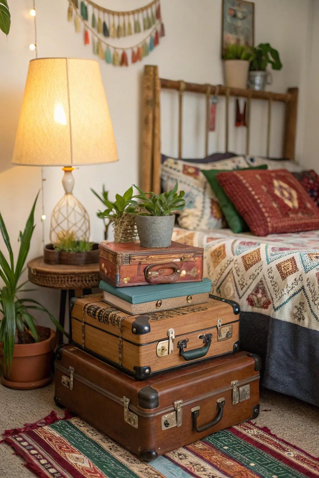 Classic suitcases add character and functional storage.