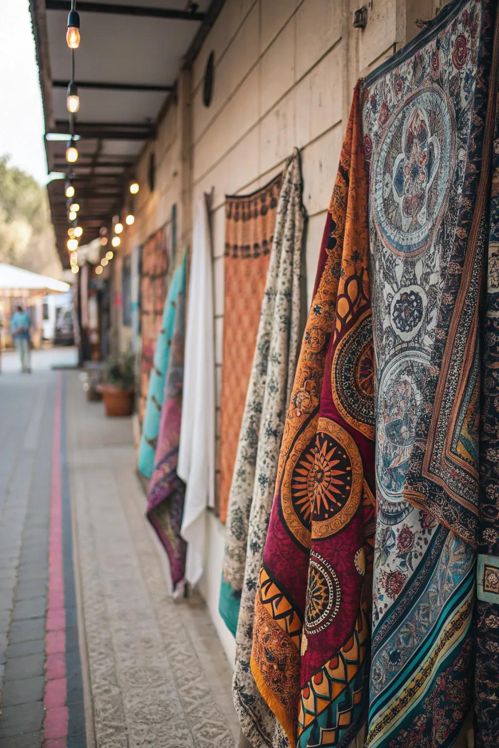 A boho wall enhanced with patterns that bring a sense of warmth and vibrancy.