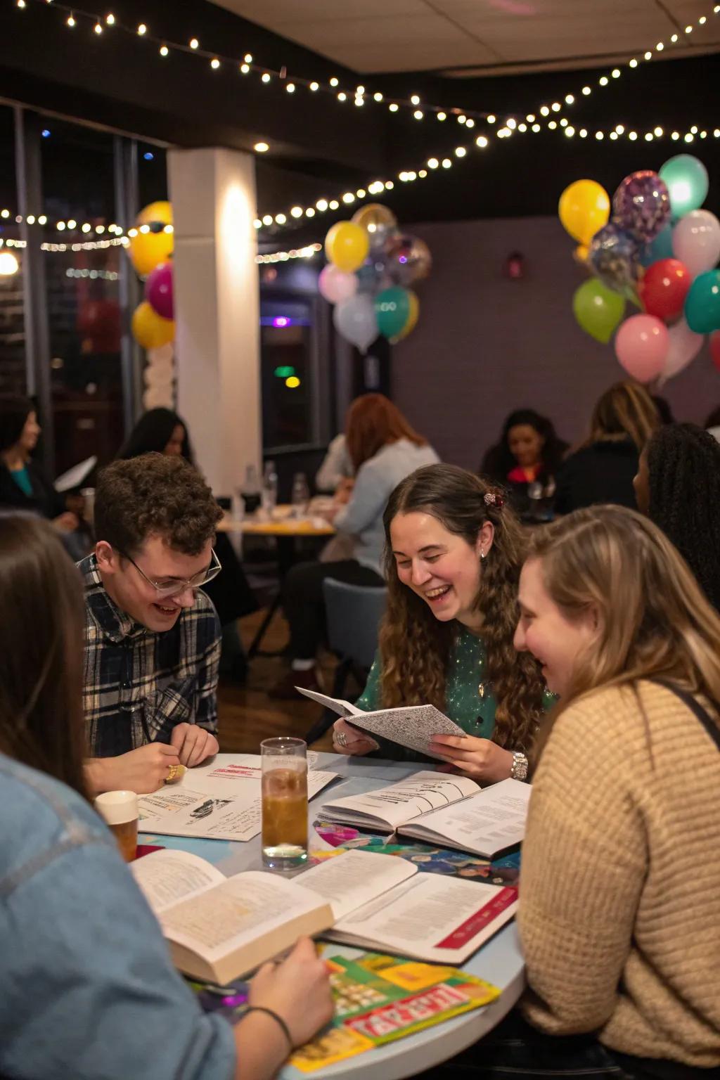 Attendees participating in an animated literary challenge competition.