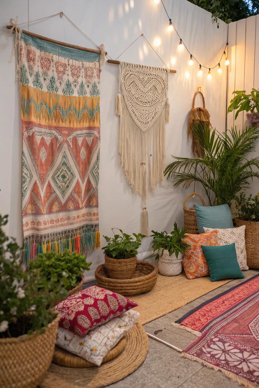Artistic boho scene featuring macrame and textiles