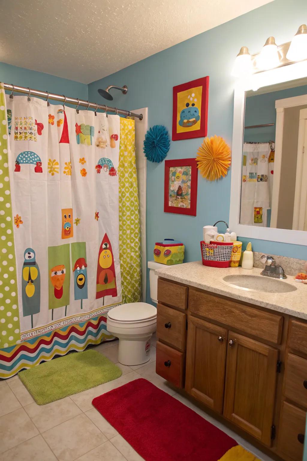 Imaginative shower curtains add fun to a boys' bathroom.