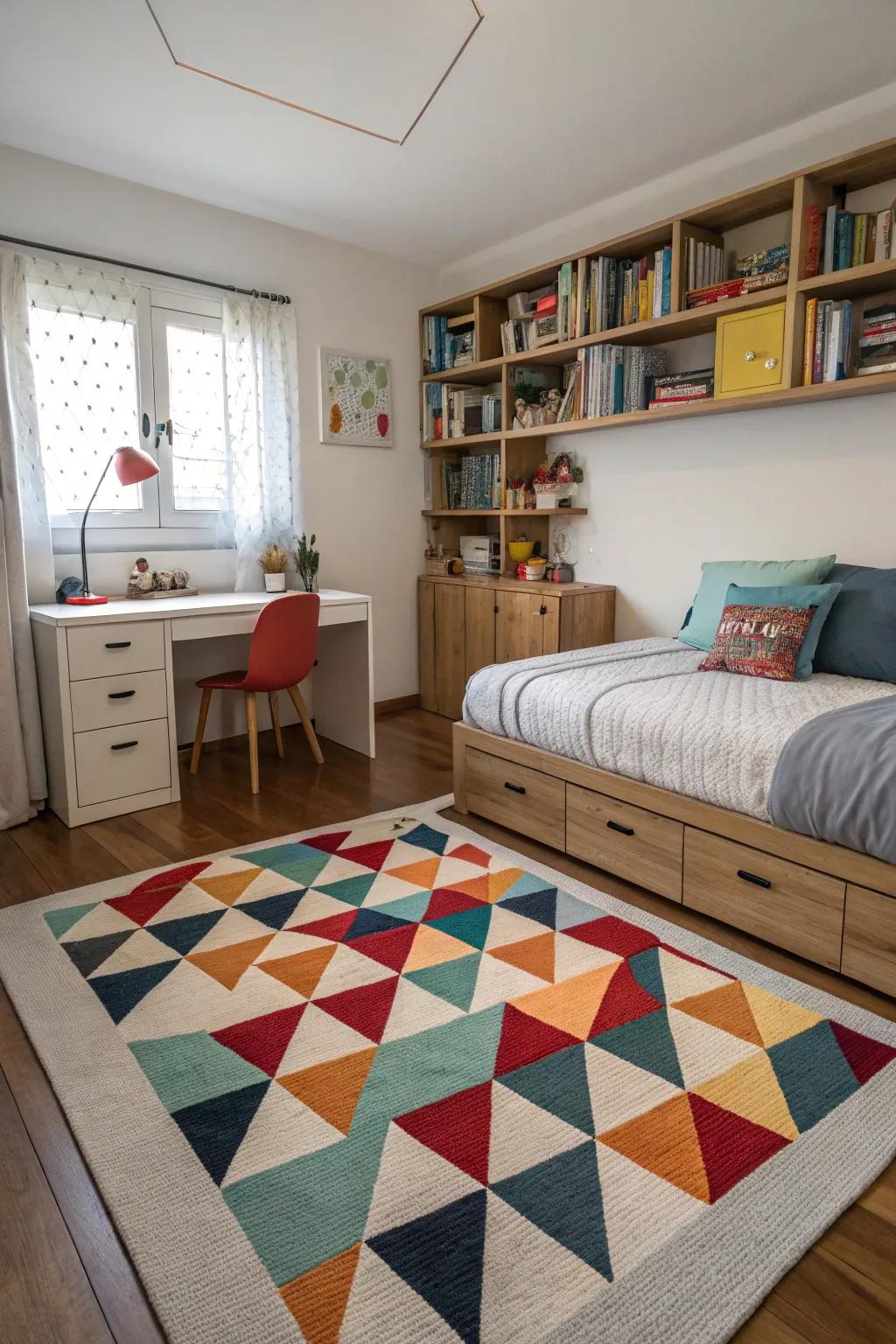 Dynamic flooring elevates the room’s visual appeal.