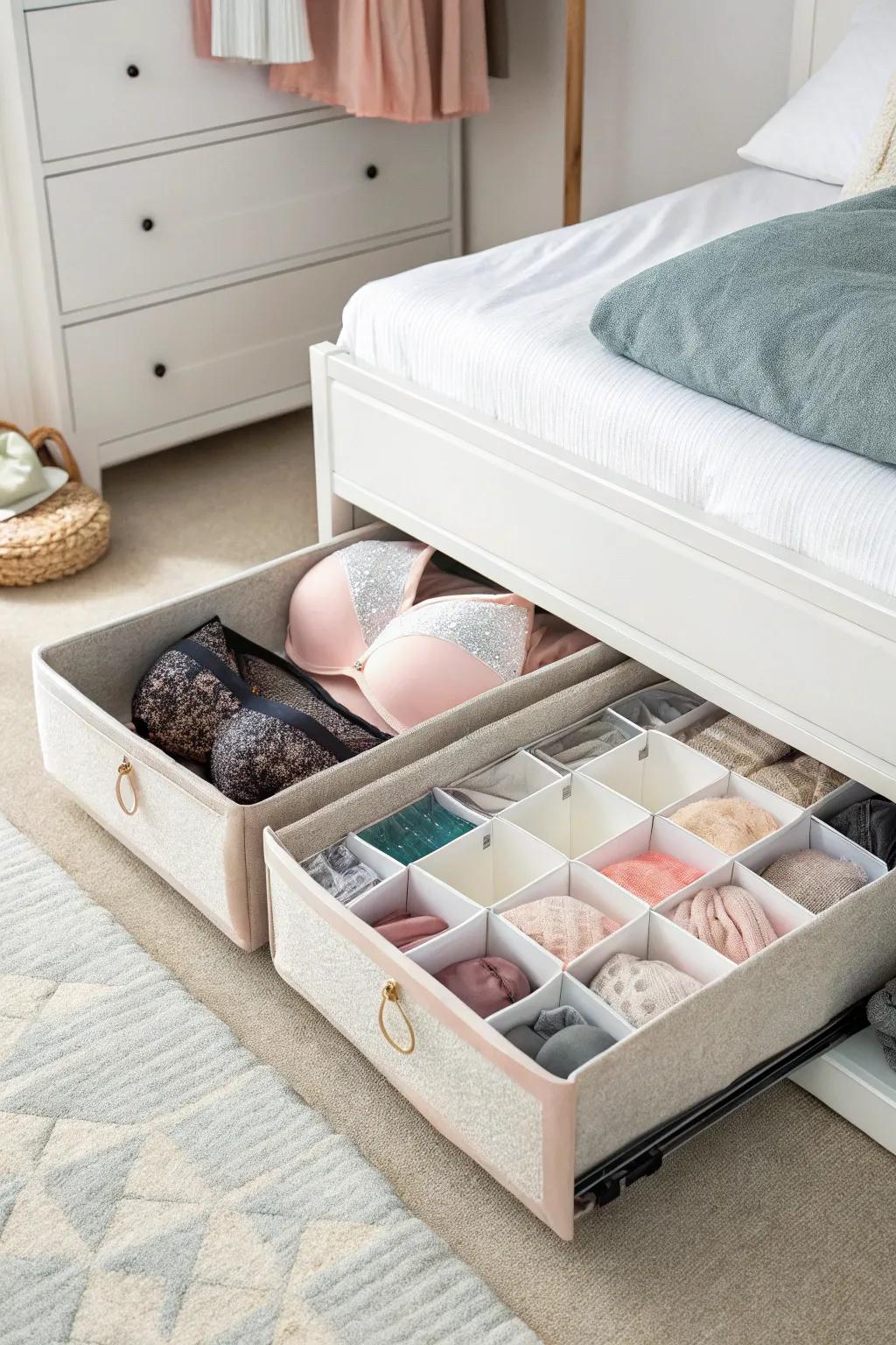 Keep items out of sight with under-bed storage.