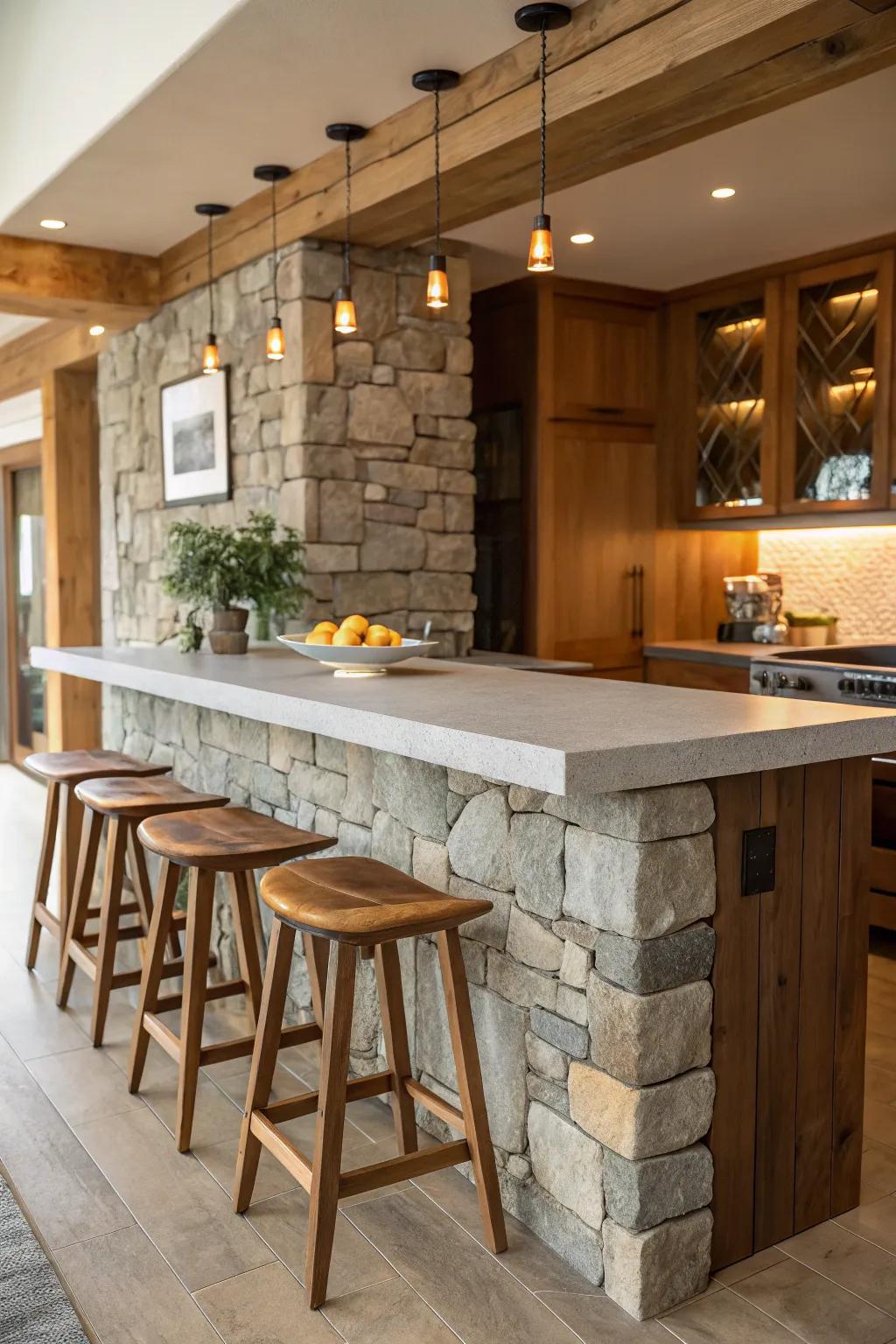 A delightful textural experience with a mix of materials at the breakfast bar.
