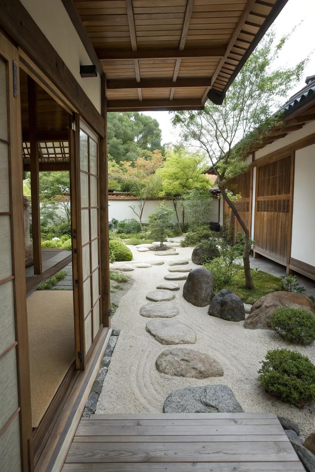 A Japanese Zen garden breezeway that promotes peace and reflection.