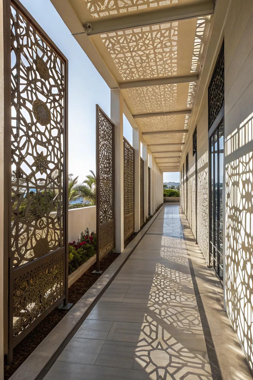Lovely screen panels offering privacy and elegance to the breezeway.