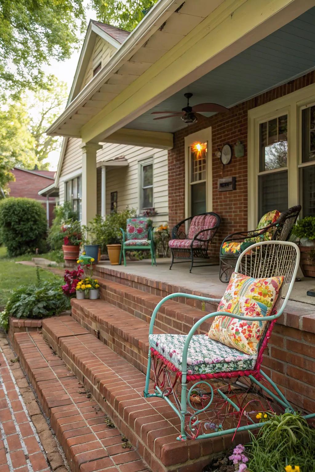 Varied furniture imparts a quirky charm to this brick porch.