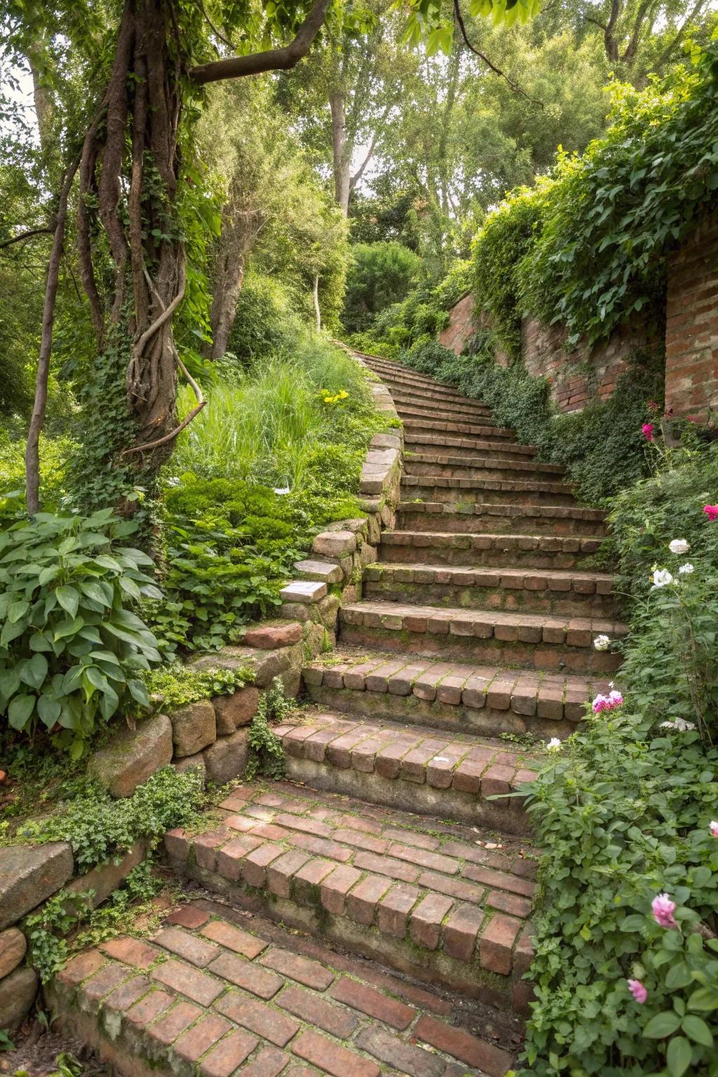 Brick steps elevated using authentic rock for elegance.